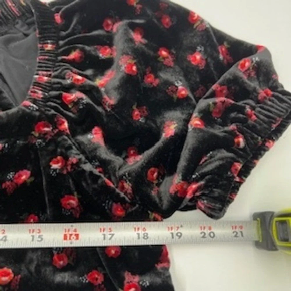 LOFT Womens Black Red Floral Velvet Sweetheart Puff Sleeve Blouse Top Small‎